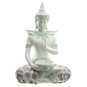Buddha 303 Meditation siddende hvid polyresin med stof h19cm - Se Buddha figurer